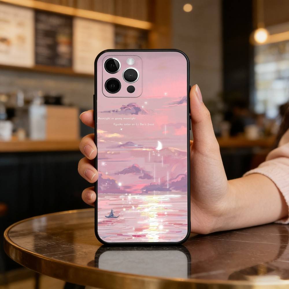 Night Water Dream Art Phone Case For iPhone 17,16,15,14,13,12,11 Plus,Pro Max,Soft Silicone Black Cover