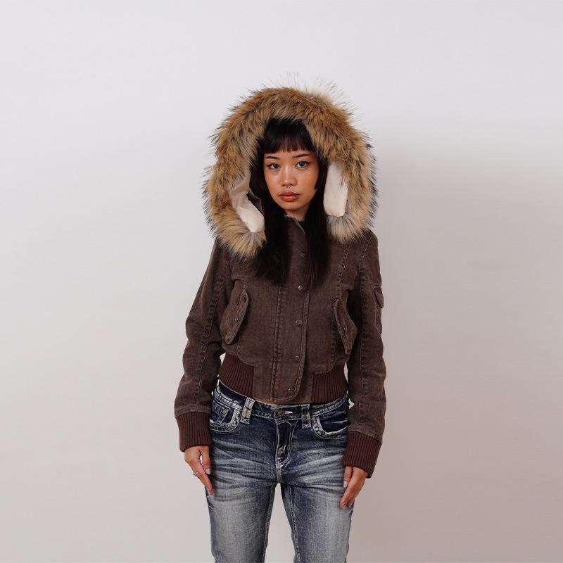 Vintage Braune Kurze Kapuzenjacke Damen Langarm Slim Abnehmbarer Pelzkragen Winter Herbst Weibliche Oberbekleidung