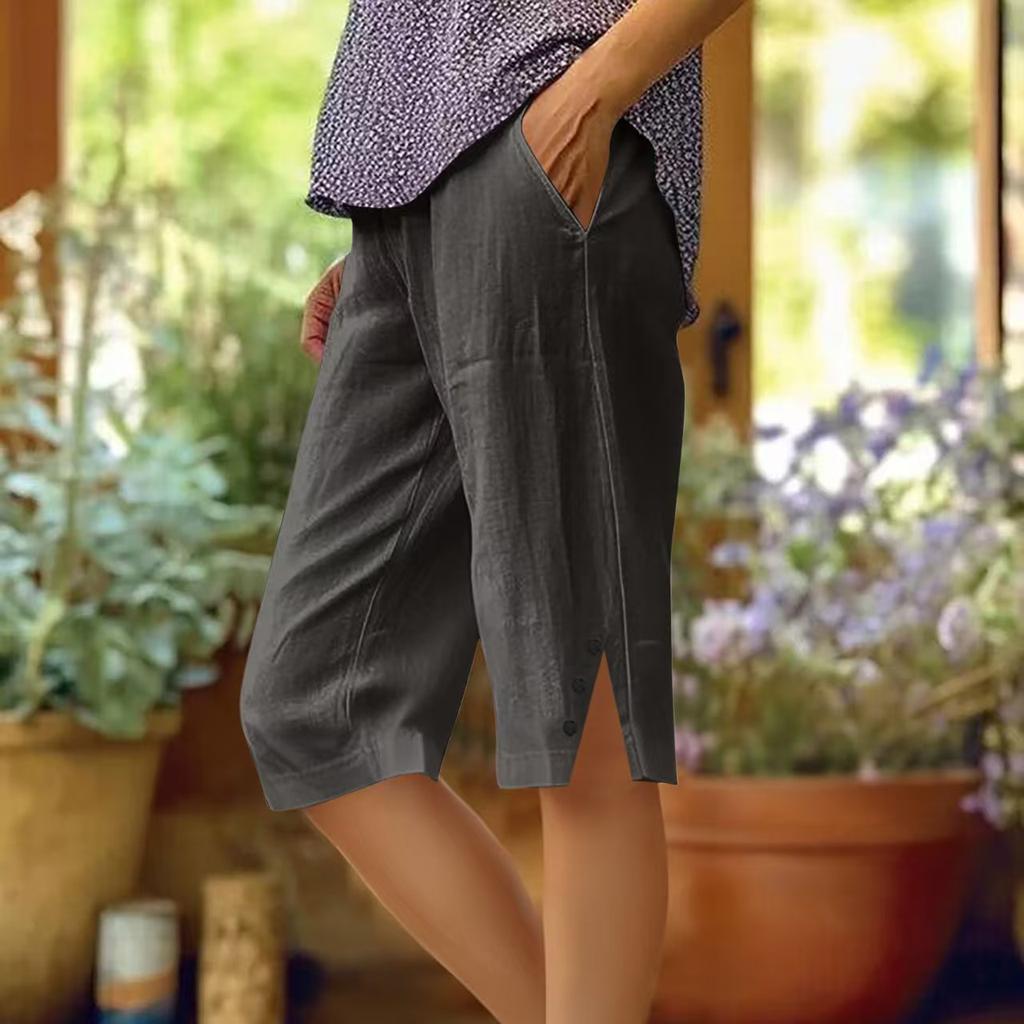 Women's Linen Blend Casual Capri Pants Elastic Waist Cropped Trousers with Side Buttons