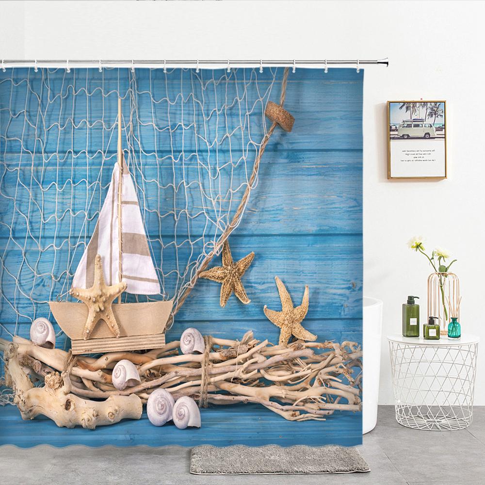 High Quality Sea Beach Shell Printed Shower Curtains starfish Bath Curtain Screen Waterproof Products Bathroom Decor with Hooks