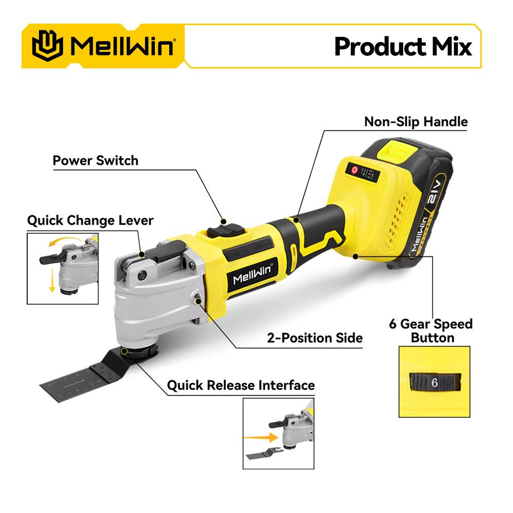 MELLWIN Børsteløs oscillerende multifunksjonsverktøy Renovator Elektrisk sag Trimmer Klippe trebearbeidingsmaskin For 21V 18V Batteri
