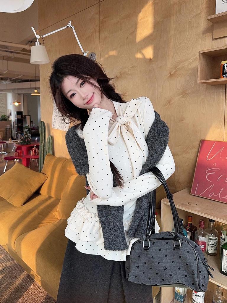 Korean Sweet Bow Tie Ruffle Polka Dot Women's Thermal Slimming T-shirt for Autumn/Winter