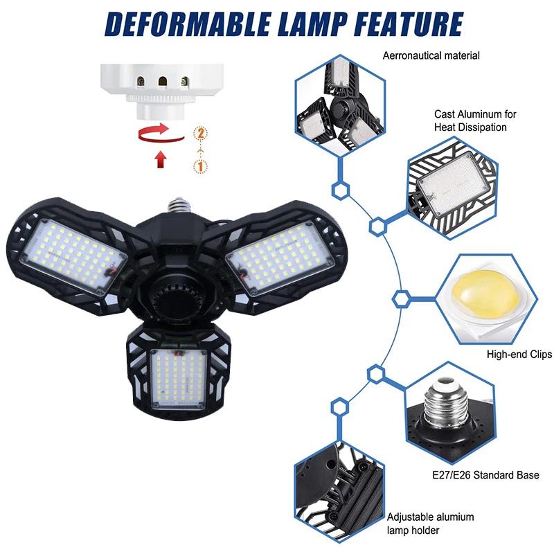 30/45/180W LED Garage Light E26/E27 Deformable Ceiling Light Warehouse Lighting Bulb with 5 Adjustable Panel Industrial LED Lamp