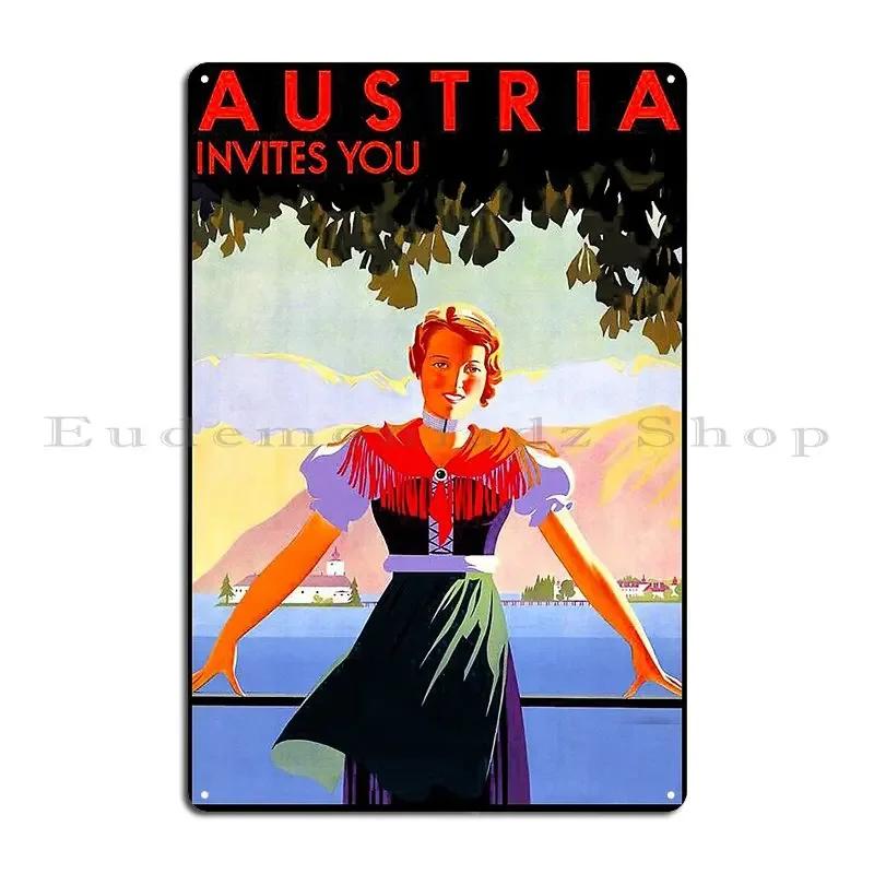 Austria Invites You Vintage Travel Poster Metal Plaque Garage Vintage Cinema Cinema Designer Tin Sign Poster 20x30cm(7.8x11.8inch)