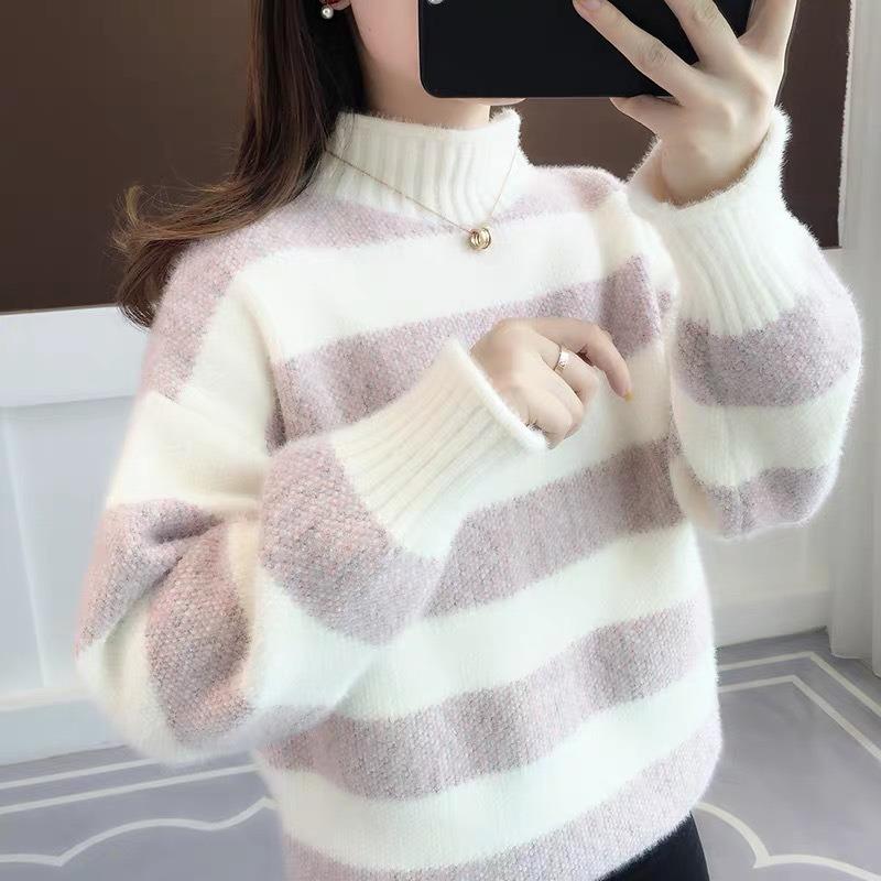 Turtleneck Striped Sweater Women's Autumn and Winter New Loose Outer Wear Casual Imitation Mink Velvet Knitted Sweater Tide