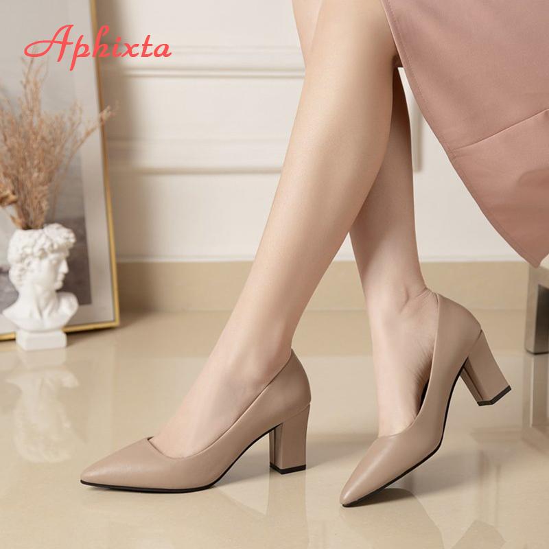 Fashion Aphixta Apricot Concise Square Heels Pumps Elegant Women Shoes Pointed Toe Office Lady Shoe Party Pumps Size 41