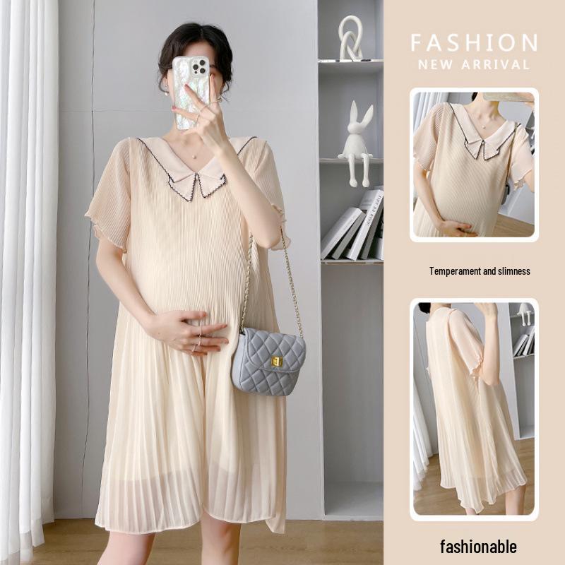 2026 Summer Pleated Lapel Loose Maternity Dress with Short Video L абрикосовый