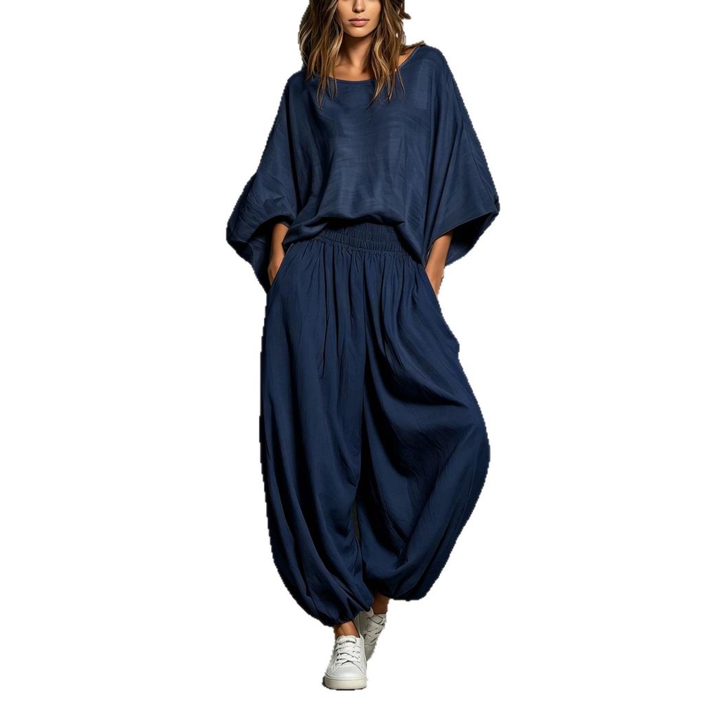European and American women's clothing 2026 autumn and winter new fashion casual round neck loose top wide leg pants two-piece set