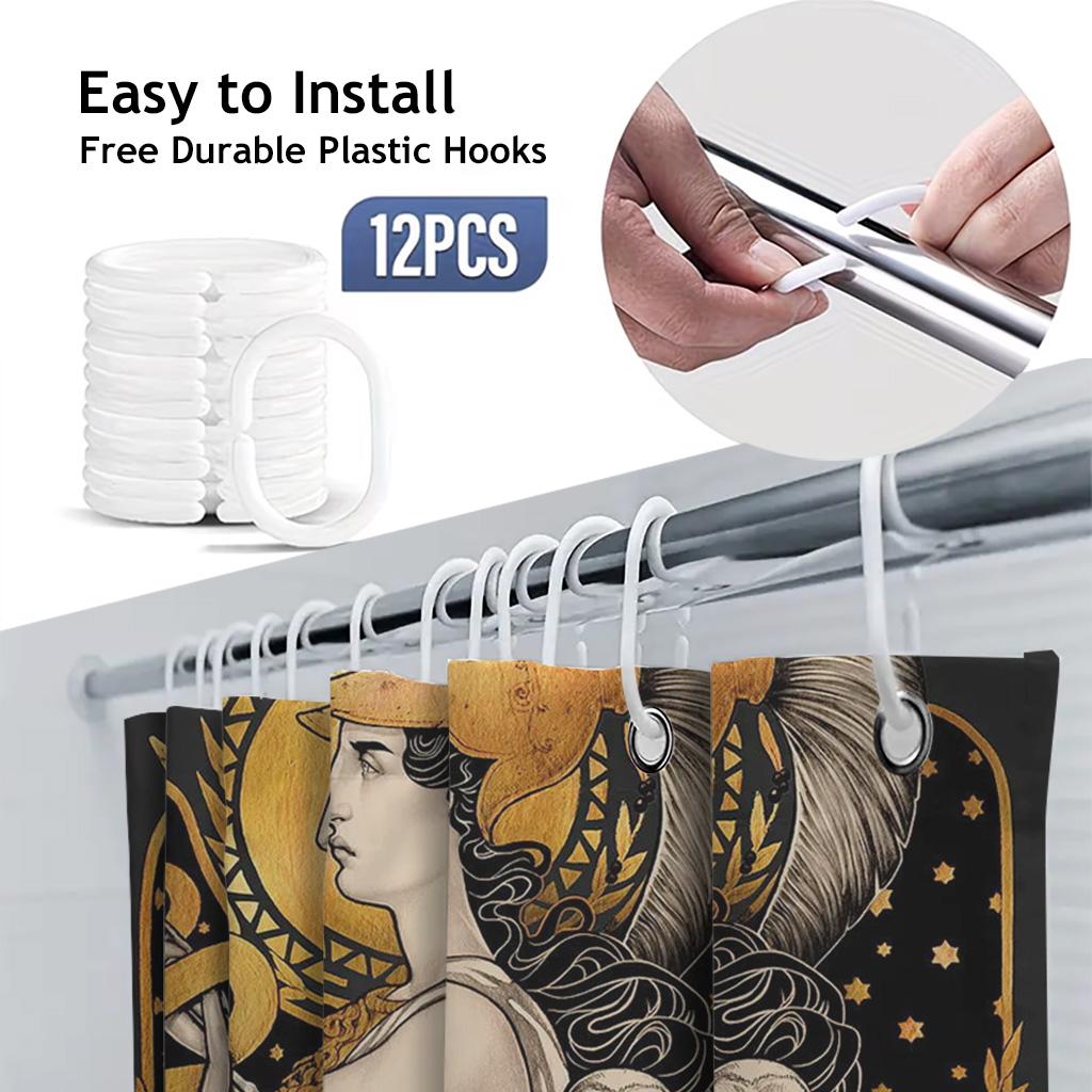 Greek Mythology Goddess Athena Shower Curtain, Gold Owl & Snake Art Deco, Ancient Warrior Queen Aesthetic Bathroom Decor