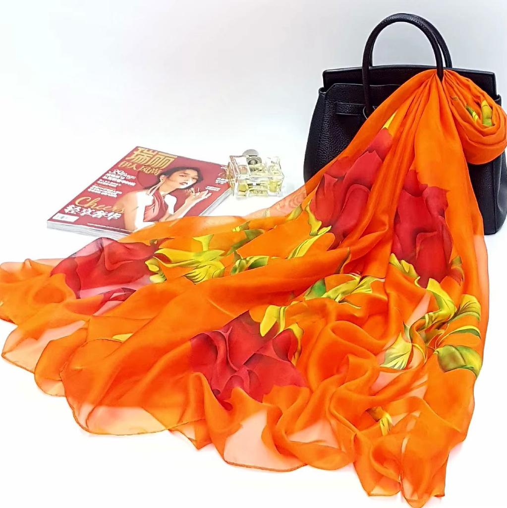 130x200cm Silk Scarf Folral Women Summer Hijab Luxury Print Sunscreen Bandana Foulard Pashmina Scarves Echarpe Shawl Large Wrap