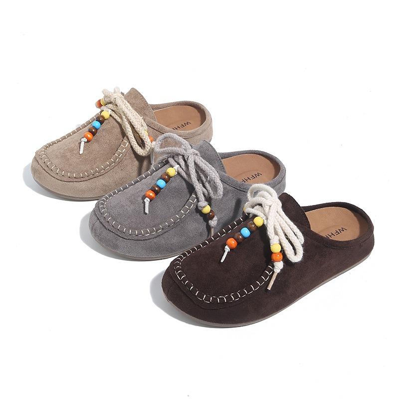 Fashion Retro Suede Fabric Slippers Women's Summer Beaded Casual Flat Shoes 2025 New Thick Slip On Mueller Slides Female Daily Loafers