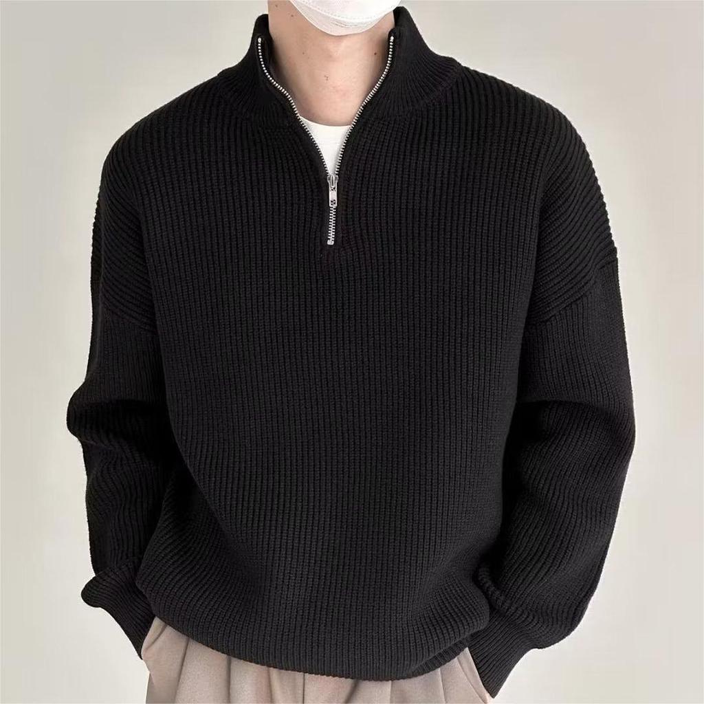 Men's Retro Loose-Fit Half-High Collar Zipper Knit Sweater with Drop Shoulders and Long Sleeves