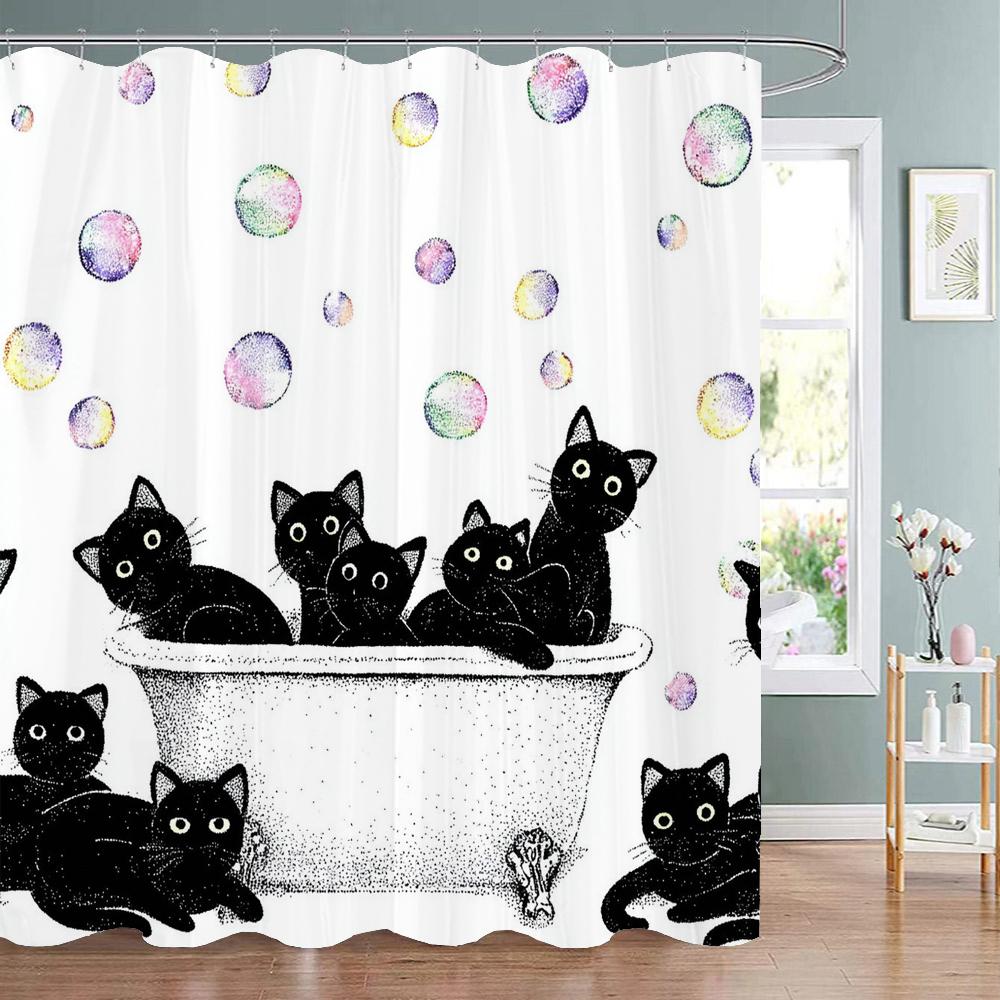 

Cartoon Cute Bathing Cat Art Shower Curtain, Bathroom Decorative Shower Curtain, Home printed Bath Curtain with Hooks 90x180cm-35x70in