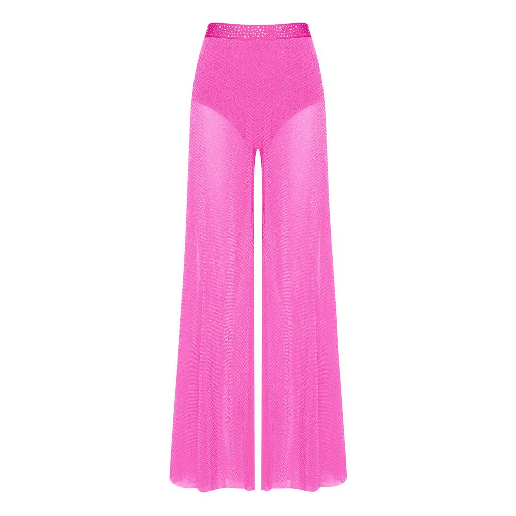 Womens Lyrical Dance Pants Rhinestone Waist Shimmering Mesh Legs Built In Briefs Modern Costume