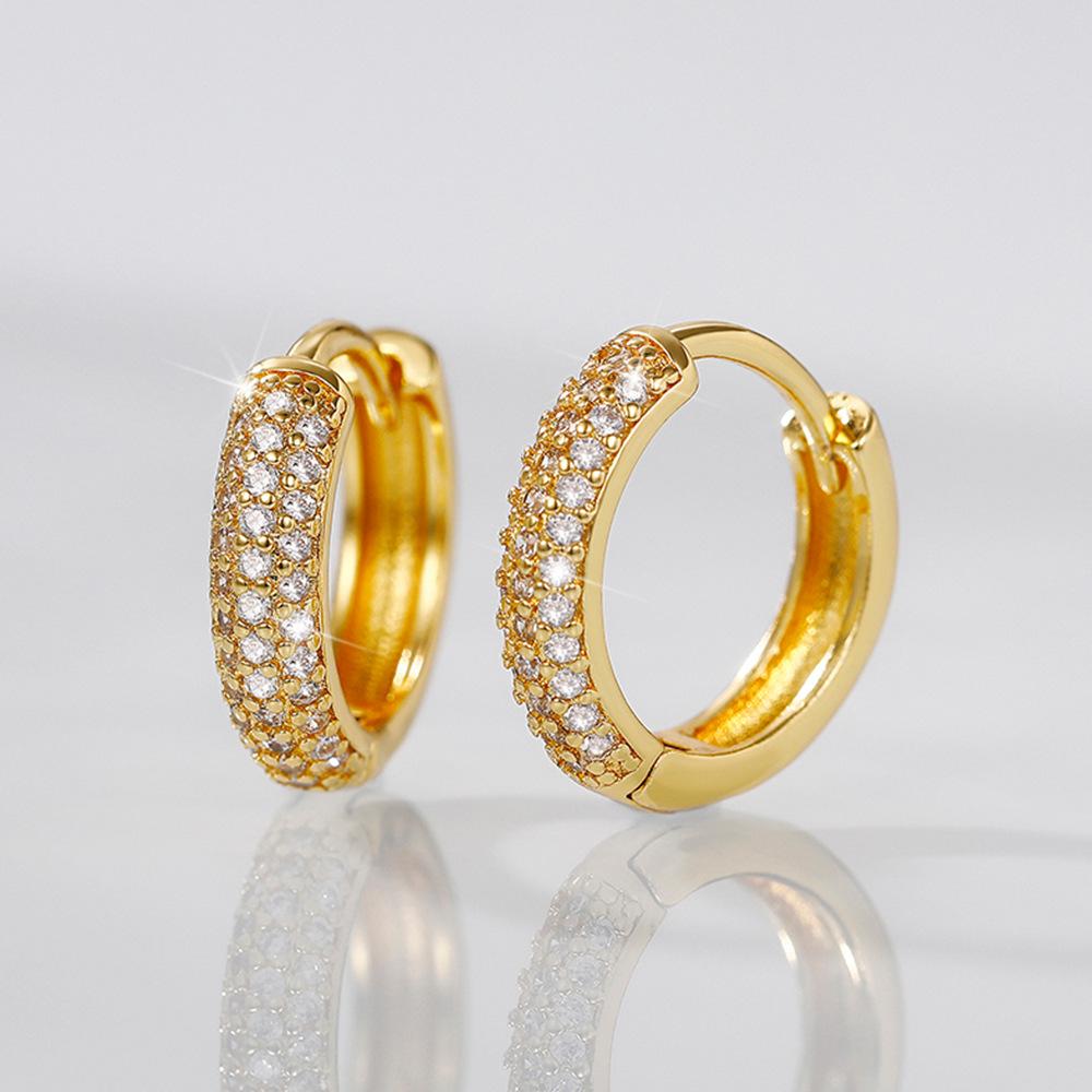 Three Rows Full Paved Round Stone Small Hoop Huggie Earrings Unisex Hip Hop Daily Jewelry