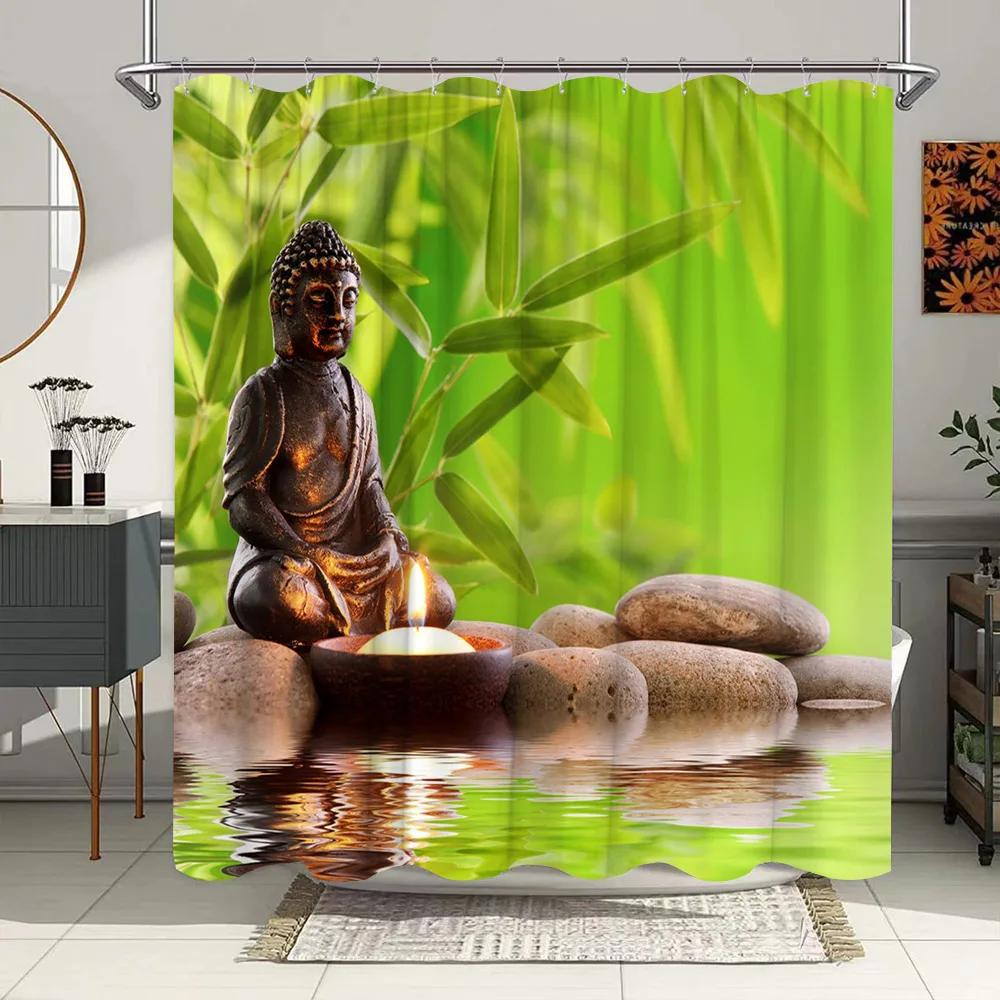 Green Bamboo Zen Stone Shower Curtains Lotus Flowing Water Zen Landscape Shower Curtain Home Bathroom Decoration Set with Hooks