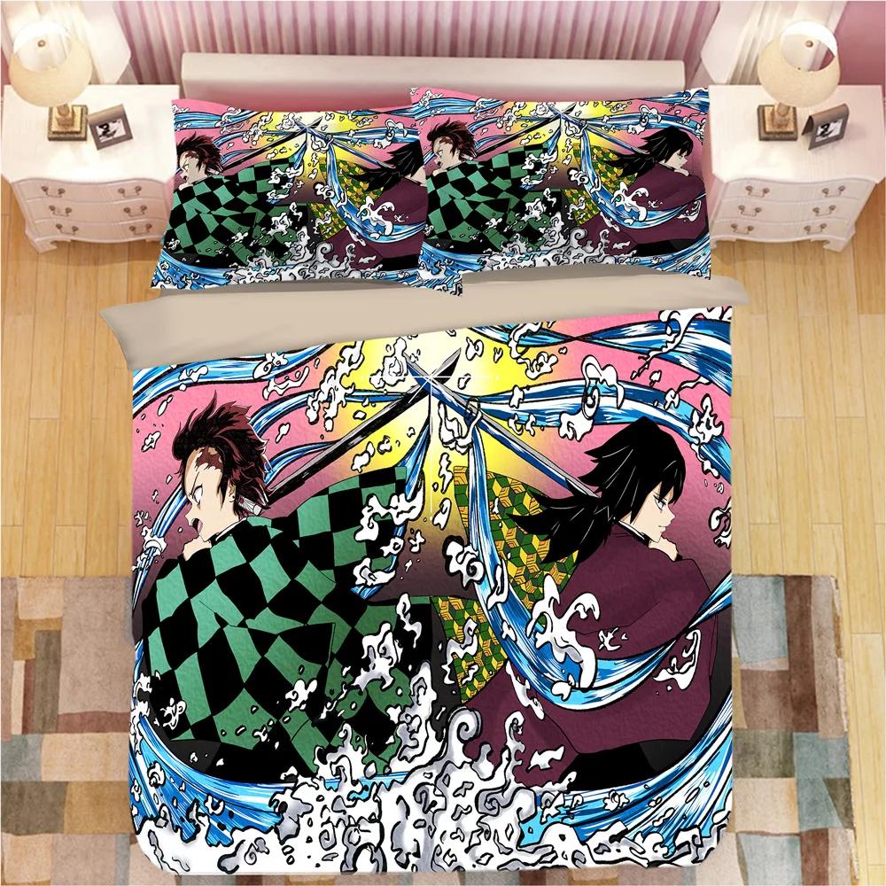 Demon Slayer Bedding Sets Cartoon Duvet Cover Bed Linen Boys Kids Single Double Size Soft Bedclothes Home Decor Anime Comforter