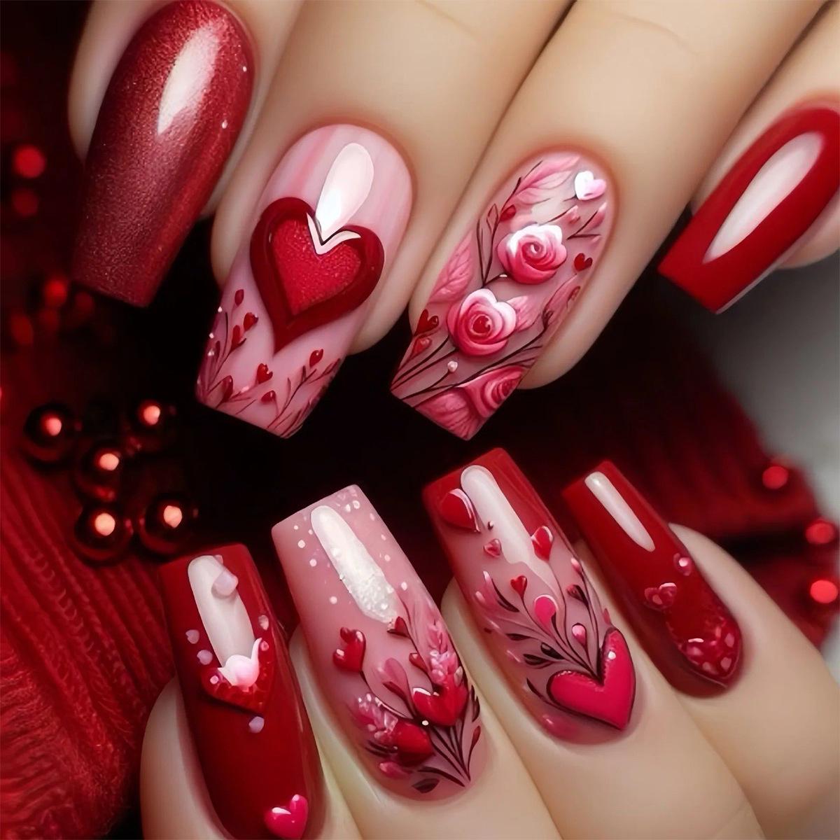Valentine s Super Sparkly Red Heart False Nails - European & American Style
