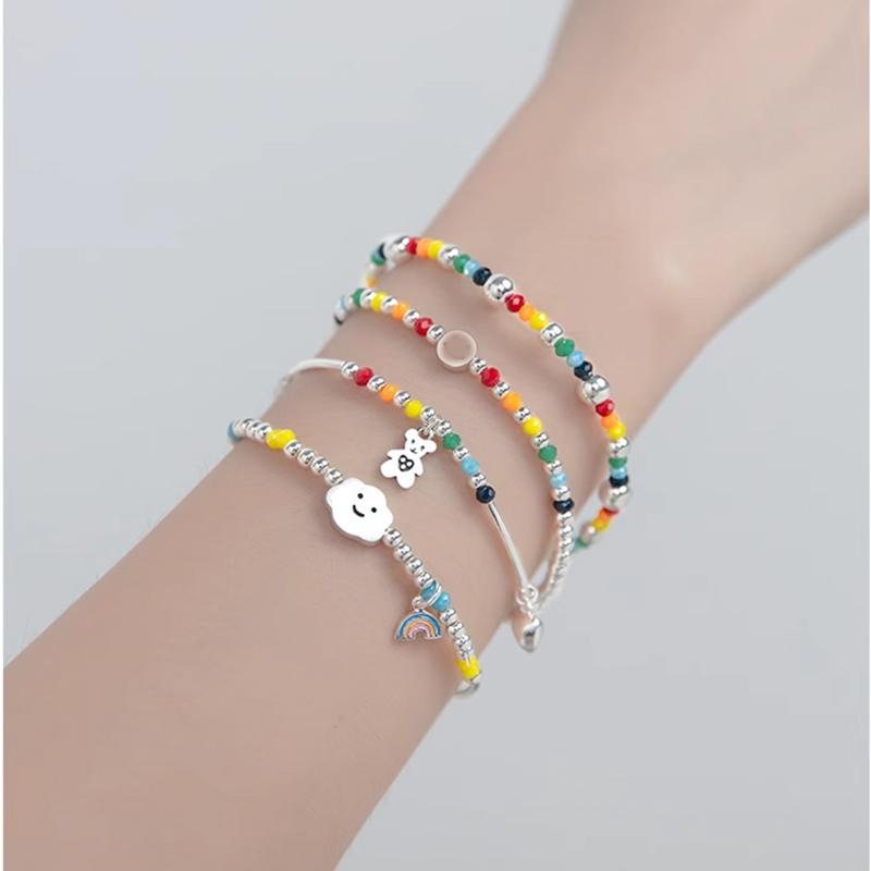 925 Silver Rainbow Beaded Bracelet Cute Little Bear Cloud Bracelet Women's Vintage Fashion Handwear Temperament Jewelry