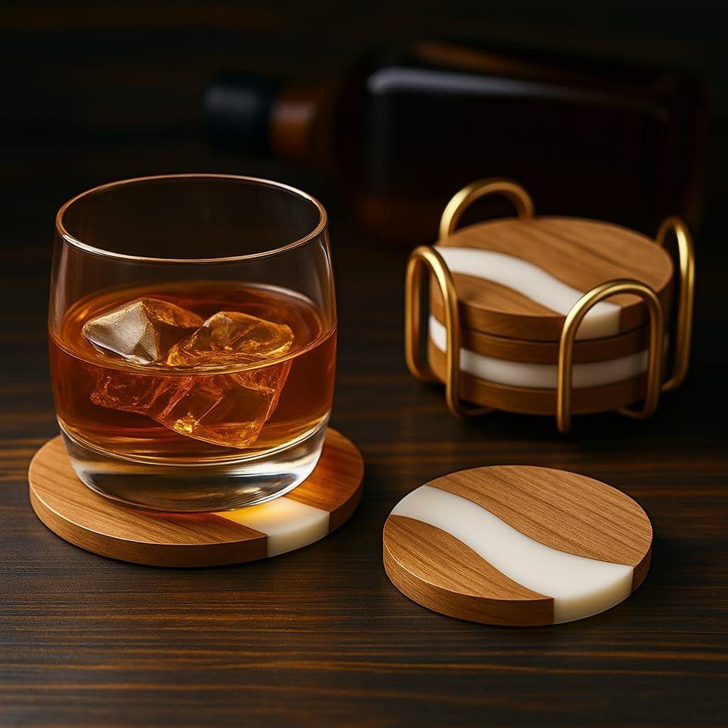 Wooden Coaster Set of 4 for Dining Table – Premium Wood & Resin Drink Coasters with Gold Stand – Stylish Tea Cup, Coffee Mug & Glass Coasters