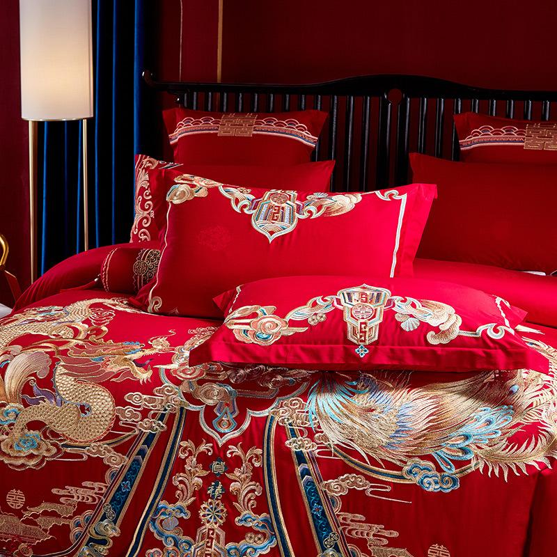 Satin Australian Cotton 200 Count Jacquard Wedding Four-piece Set Big Red High-end Luxury Wedding Multi-piece Set