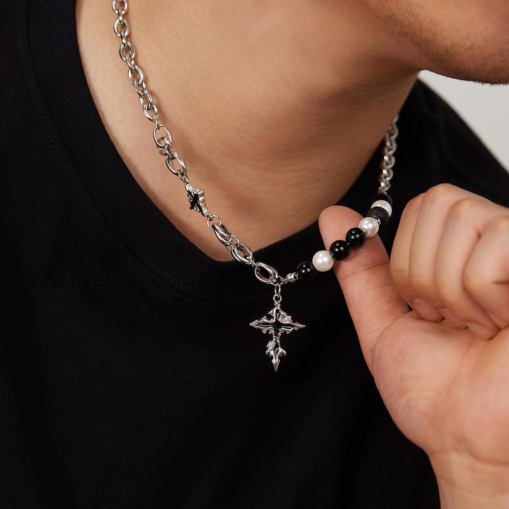 Cross Stainless Pearl Volcanic Rock Silver Chain Long Vintage Cross Gift [Rockyu] Men's Necklace, Steel, & Beads, Pendant, Necklace, Style, Accessory,