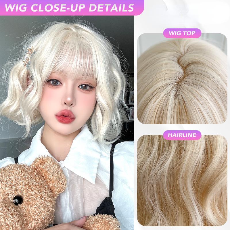 12 Inch Water Curly Wave Short Bangs Wigs Blonde Fiber Synthetic Wigs Heat-resistant Natural Party or Selfie For Women Korean Fashion
