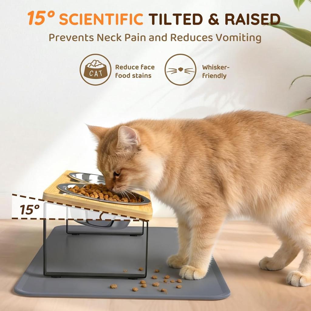 Cat Food Bowls with Wooden Stand 2 Stainless Steel Bowls for Cats Elevated Cat Bowls Pet Feeder 15° Tilted Raised