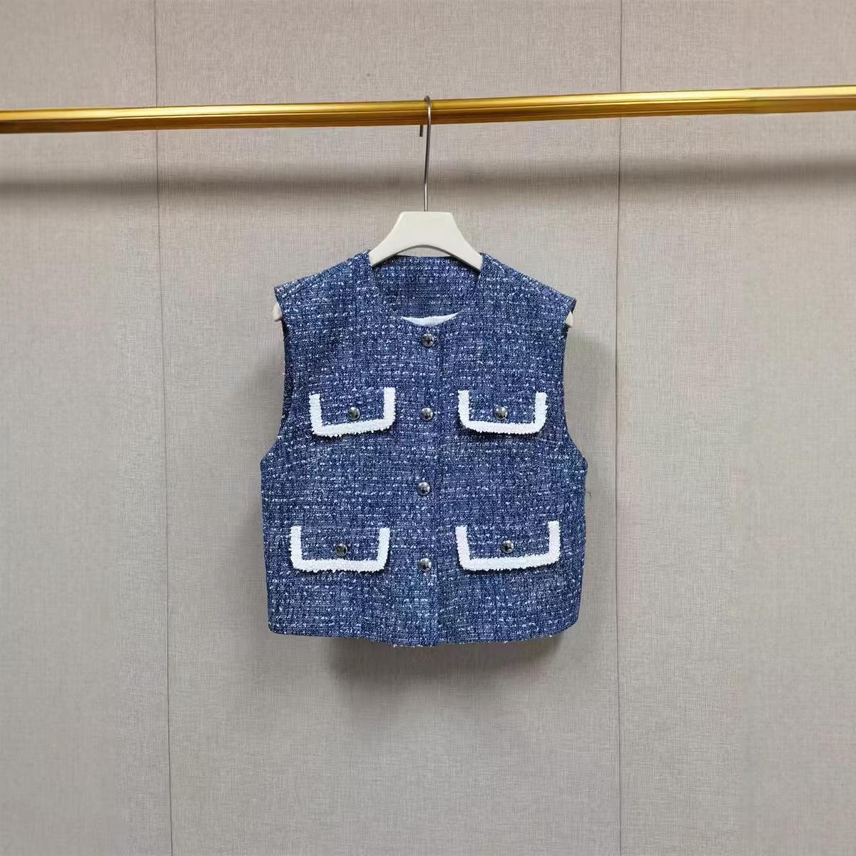 Французский Нишевый Весенний Твидовый Жакет-Жилет и Брюки с Поясом-Завязкой Комплект Large