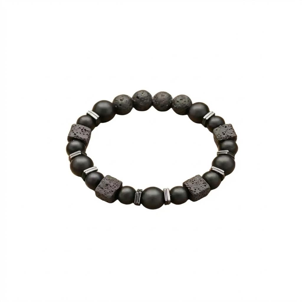 

Adjustable Lava Rock Matte Onyx Beaded Bracelet for Men Natural Stone Bracelet Black Volcanic Rock Wristband with Metal Spacers