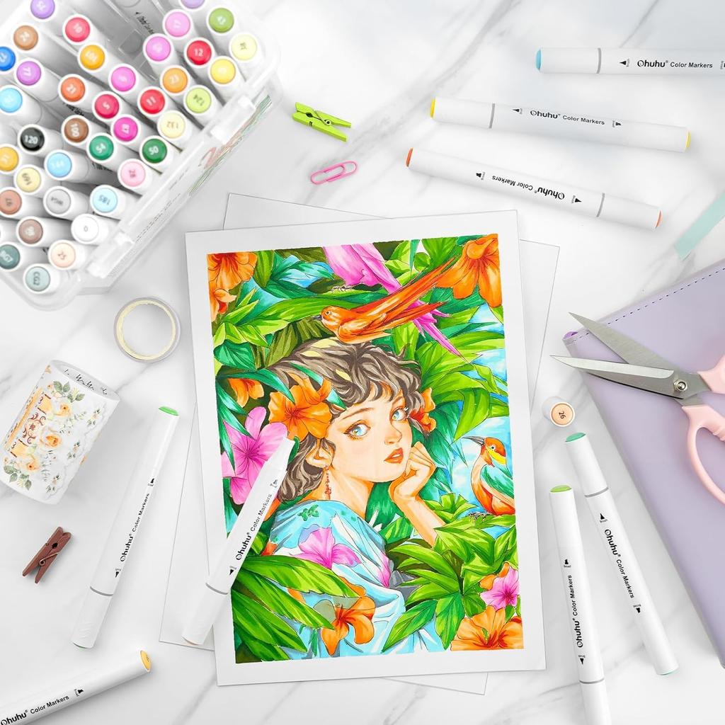 Markery artystyczne Ohuhu 60 sztuk w 59 kolorach z pędzelkiem, akwarelowe, idealne do kolorowania obrazków, z etui do przechowywania. Markery na bazie wody, Kolory, Końcówka, Marker, Na bazie wody