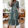 New Women's Print V-neck Mid-sleeve A-line Dress Casual Fashion Sundress for Daily Outing Travel