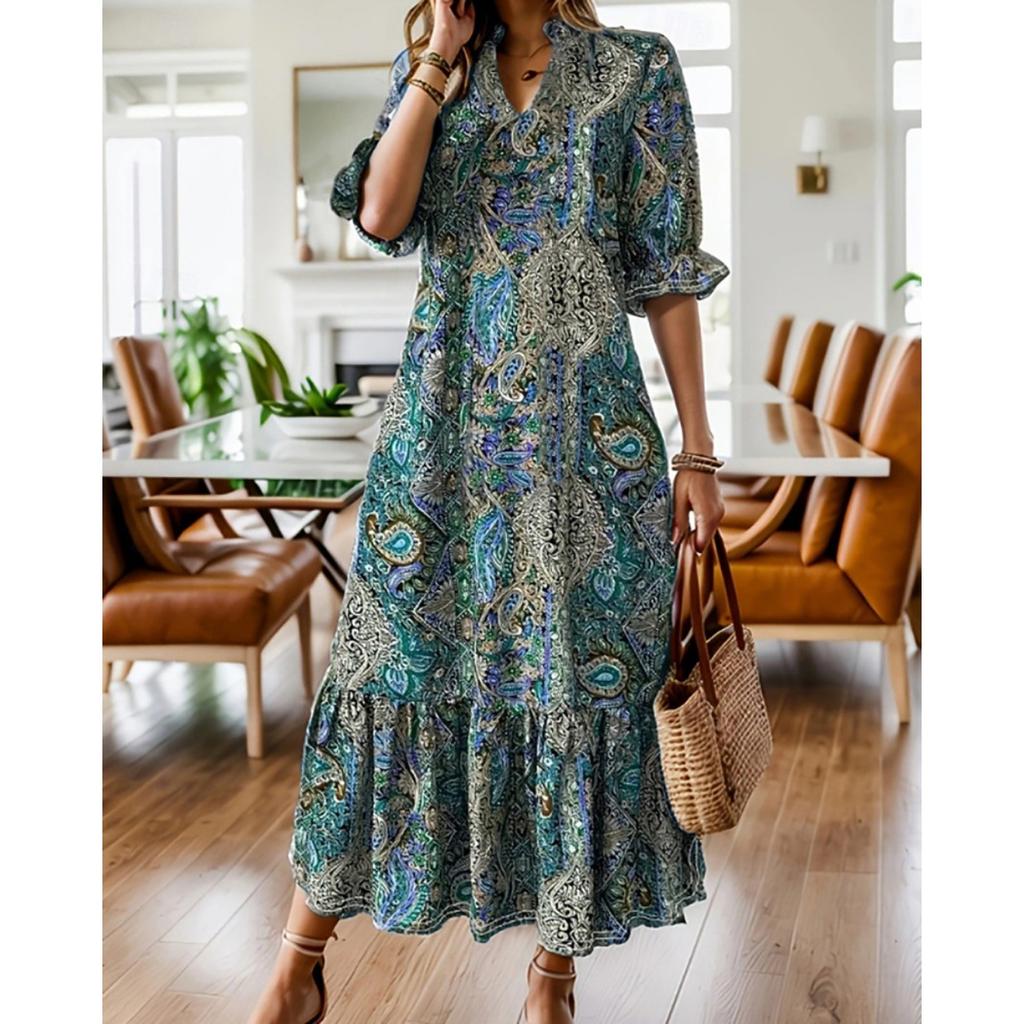 New Women's Print V-neck Mid-sleeve A-line Dress Casual Fashion Sundress for Daily Outing Travel