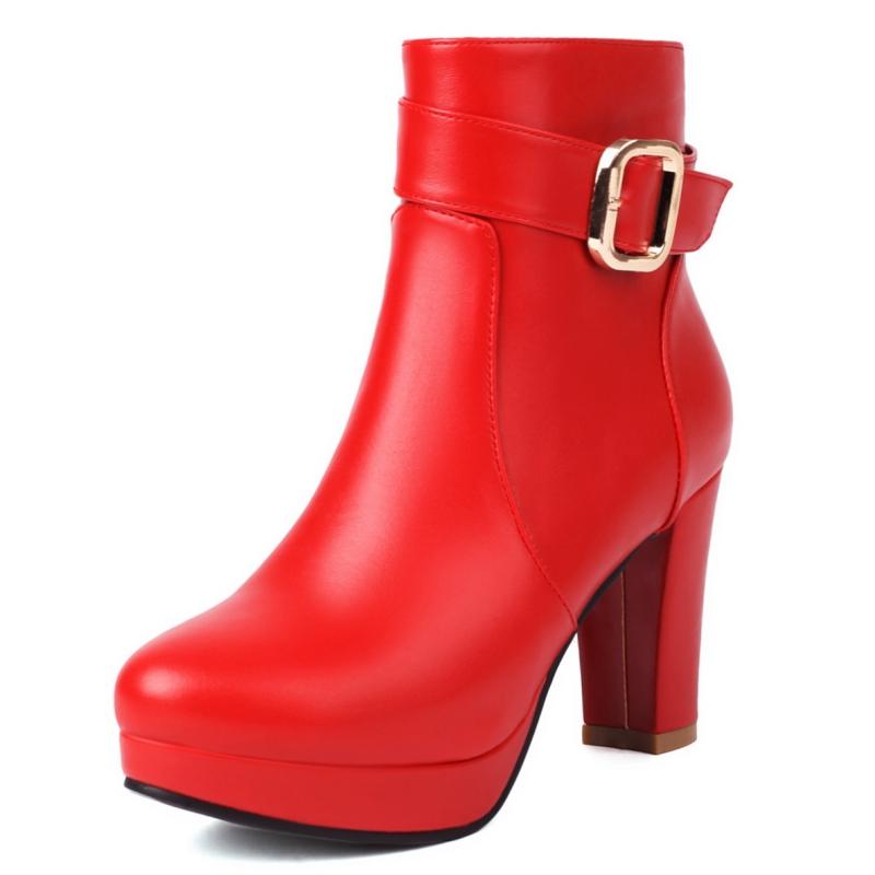 

Модные женские ботильоны на платформе, красные, бежевые, черные, на высоком каблуке, короткие ботинки, женская пряжка, осенне-зимняя обувь унисекс, большой размер 50 43 красный