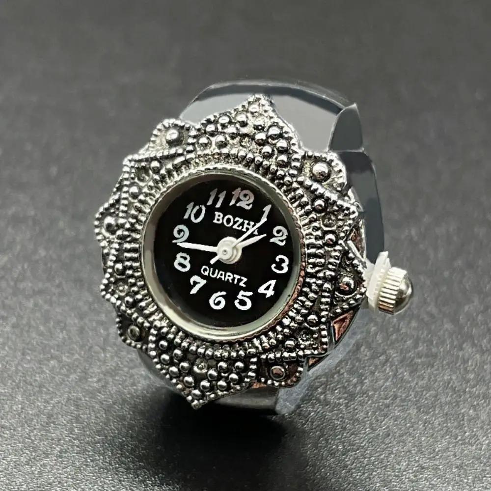 Cool Vintage Clock Punk Unique Shape Roman Quartz Watch Retro Mini Elastic Strap Finger Watch Women Men Ring Jewelry чёрный