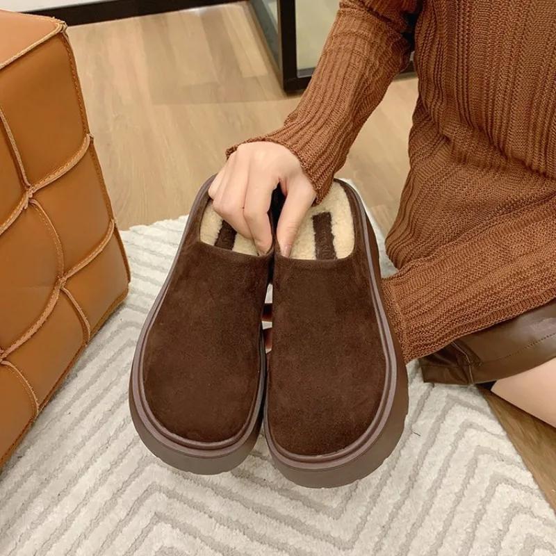 Fashion Winter Retro Round Toe Slippers Women's Thick Sole Slippers Fashion Warm Ladies Outer Wear Slippers Female Shoes