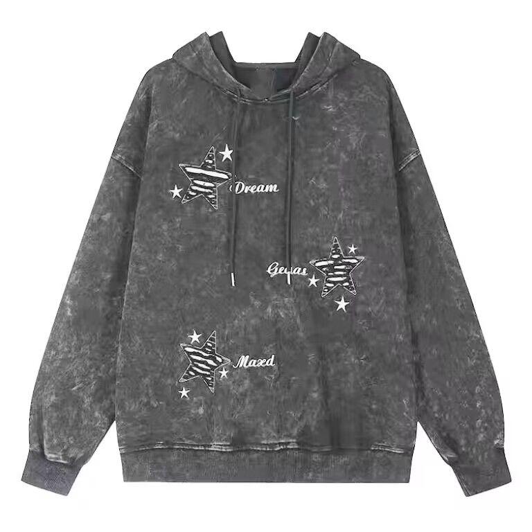 American Style Star Printed Washed Hooded Sweatshirt Couples Hip-hop Loose Casual High Street Y2K Hoodies Male Clothes