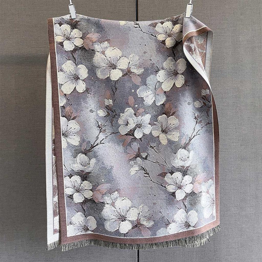 Autumn New Plant Flower Print Scarf Autumn and Winter Imitation Cashmere High-end Warm Scarf Shawl Women