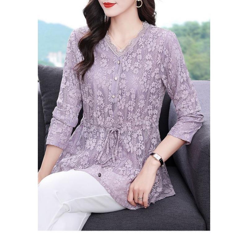Lace Shirt Women's Long Sleeve Spring Autumn New V-neck Mid-length Waist Middle-aged Mother's Top Fashionable