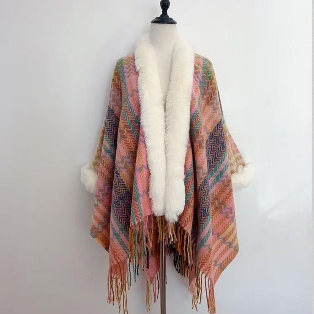 Winter Warm Faux Fur Collar Shawl Ethnic Style Striped Cardigan Tassel Shawl Artificial Wool Plush Knitting Wraps