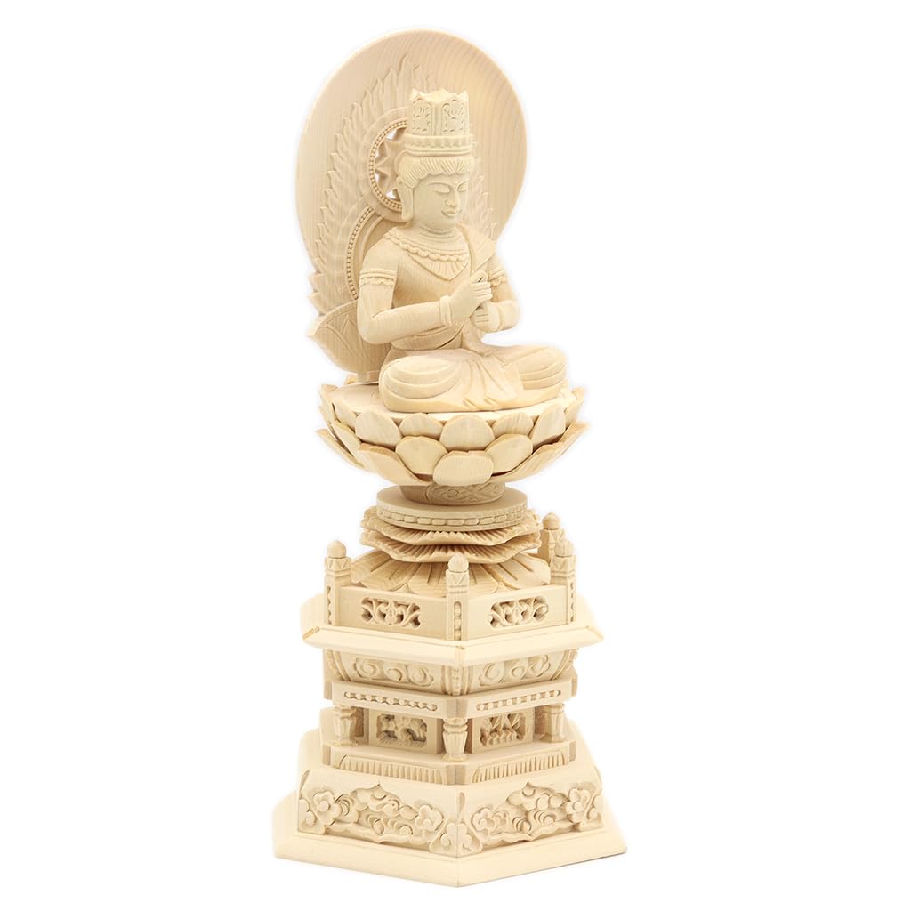 special Buddhist statue Dainichi Nyorai seated statue inches height 23 width depth carved Japanese cypress wood with a sun halo and hexagonal base