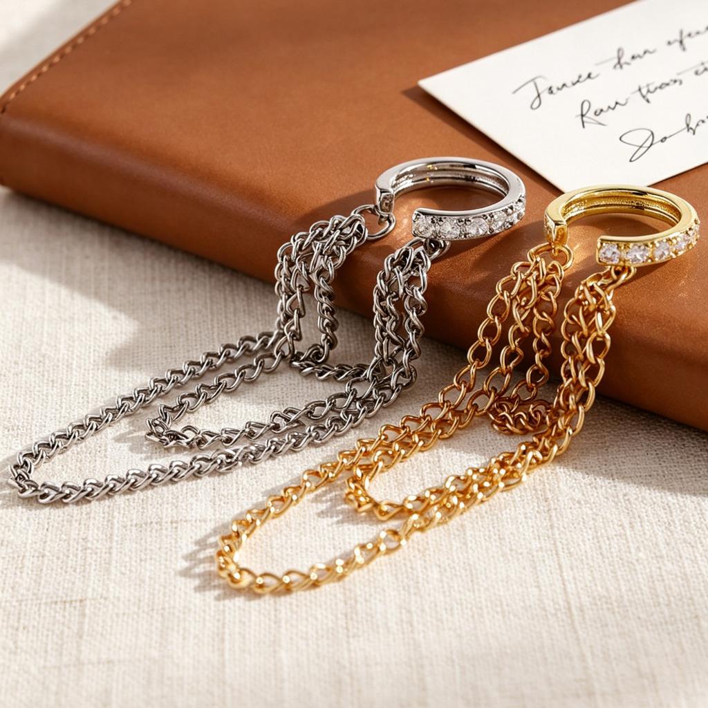 Chain Cuff Drop Earring Multi Layer Silver Tone Statement Jewelry