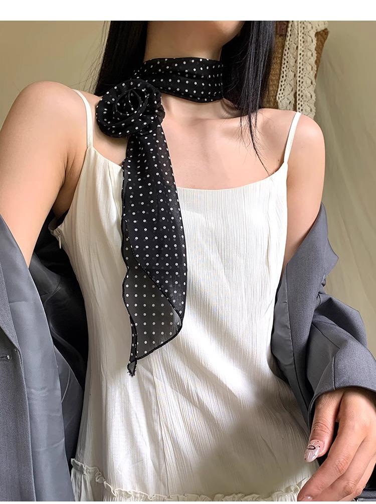 Korean Version of Black Long Polka Dot Rose Silk Scarf Spring and Summer Thin Atmosphere Versatile Niche Scarf Scarf Scarf Scarf