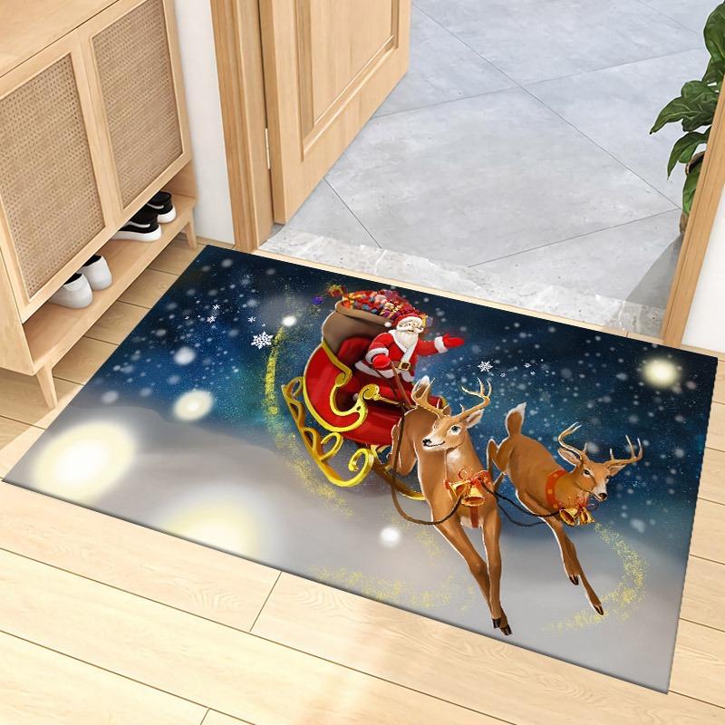 Christmas Santa Carpet Mat Rug Gift Bag Snowflake Home Decoration Festive Entryway Floor Mat with Merry Christmas Design