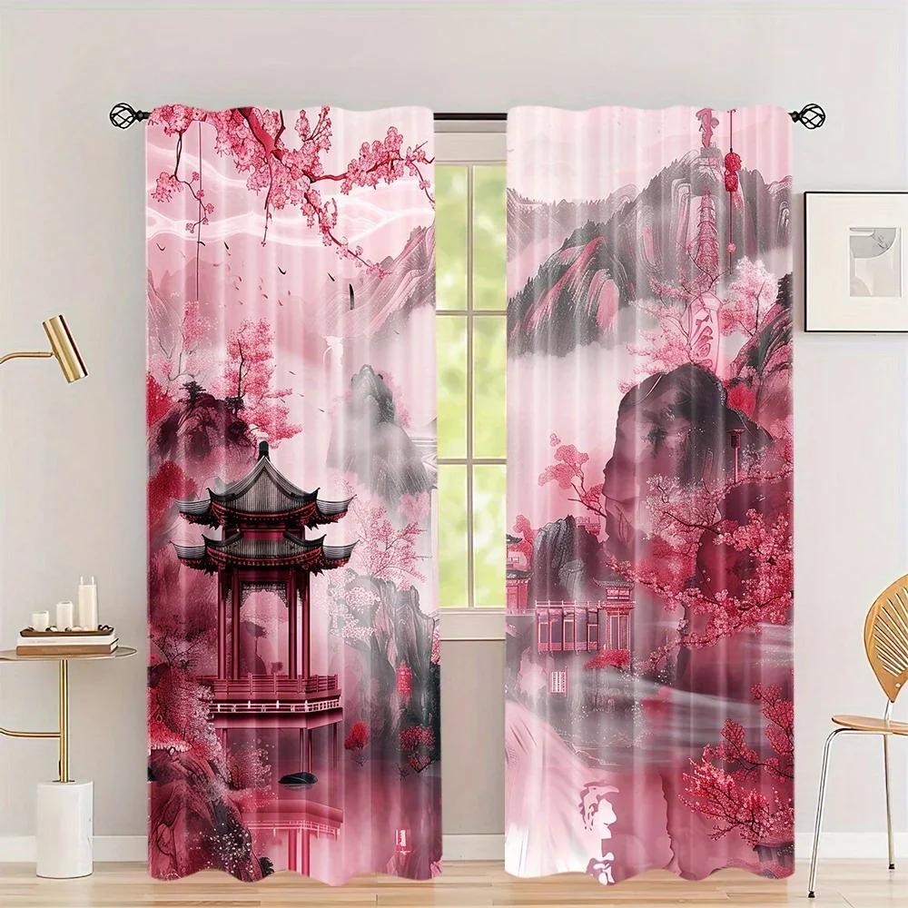 3D 2Panel Chinese Curtain Flower Bird Ink Painting Curtain for Bedroom Living Room Floor-to-ceiling Window Kitchen Blinds W500*H