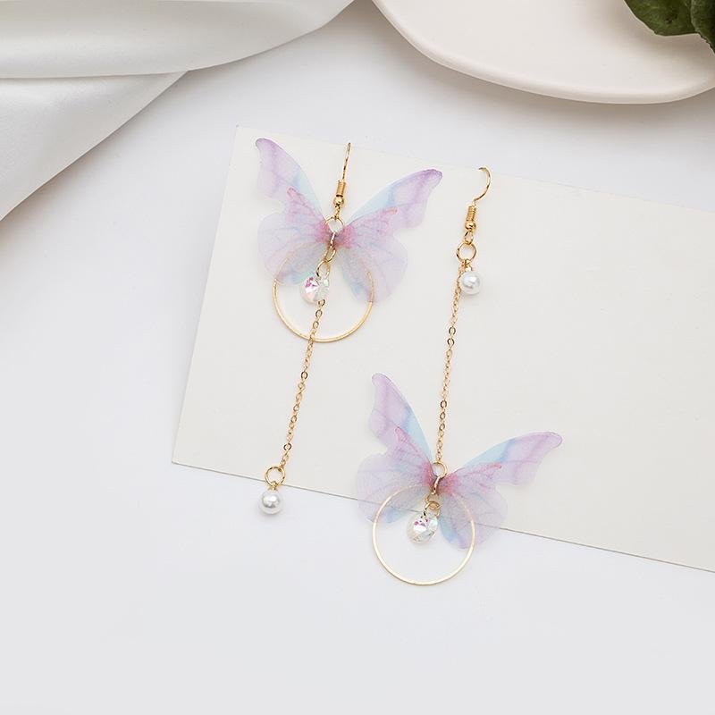 Super Fairy Asymmetrical Butterfly Earrings Long Circle Fringed Pearl Zircon Pendant Earrings