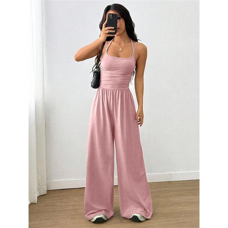 Women's Halterneck Suspender Pleated Waist Backless Jumpsuit