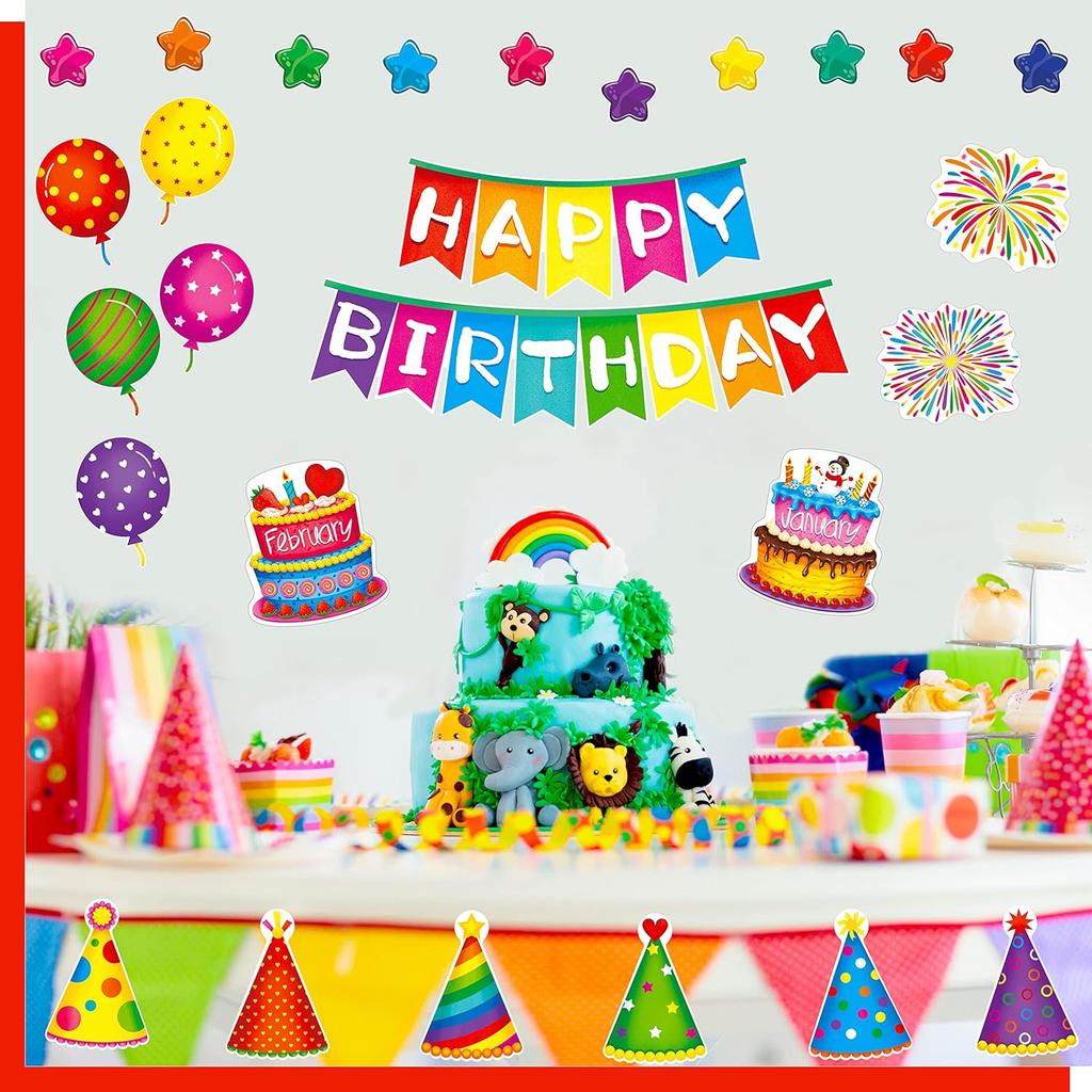 39 PCS Happy Birthday Bulletin Board Set, Colorful Birthday Decoration Cakes, Stars, Firework, Balloon, Party Hats Cut-Outs Classroom Decorations