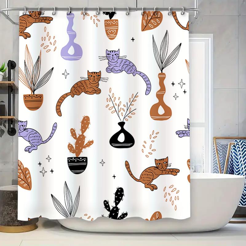 

Modern Bathroom Shower Curtain With Flora Cats Design White Polyester Fabric Waterproof Decorative For Home Bathrooms W60H190(CM)-1 Pcs