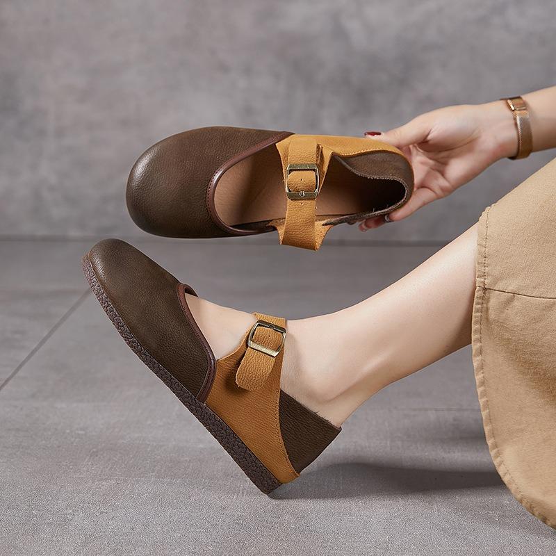New Leather Fashion Women's Single Shoes, Round Head Soft Leather Soft Sole Can Be Worn Twice, Lazy Shoes Buckle Shoes